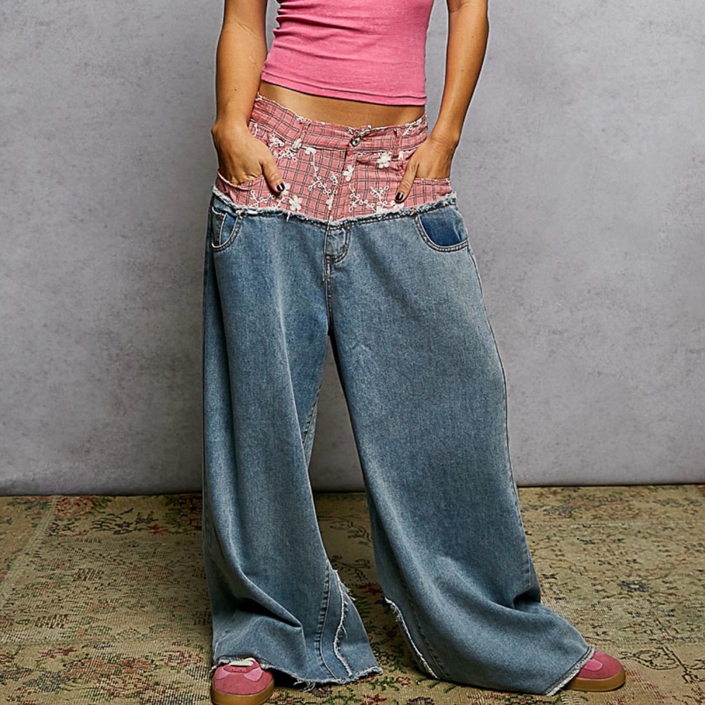 POL Floral Plaid Waist Wide Leg Jeans